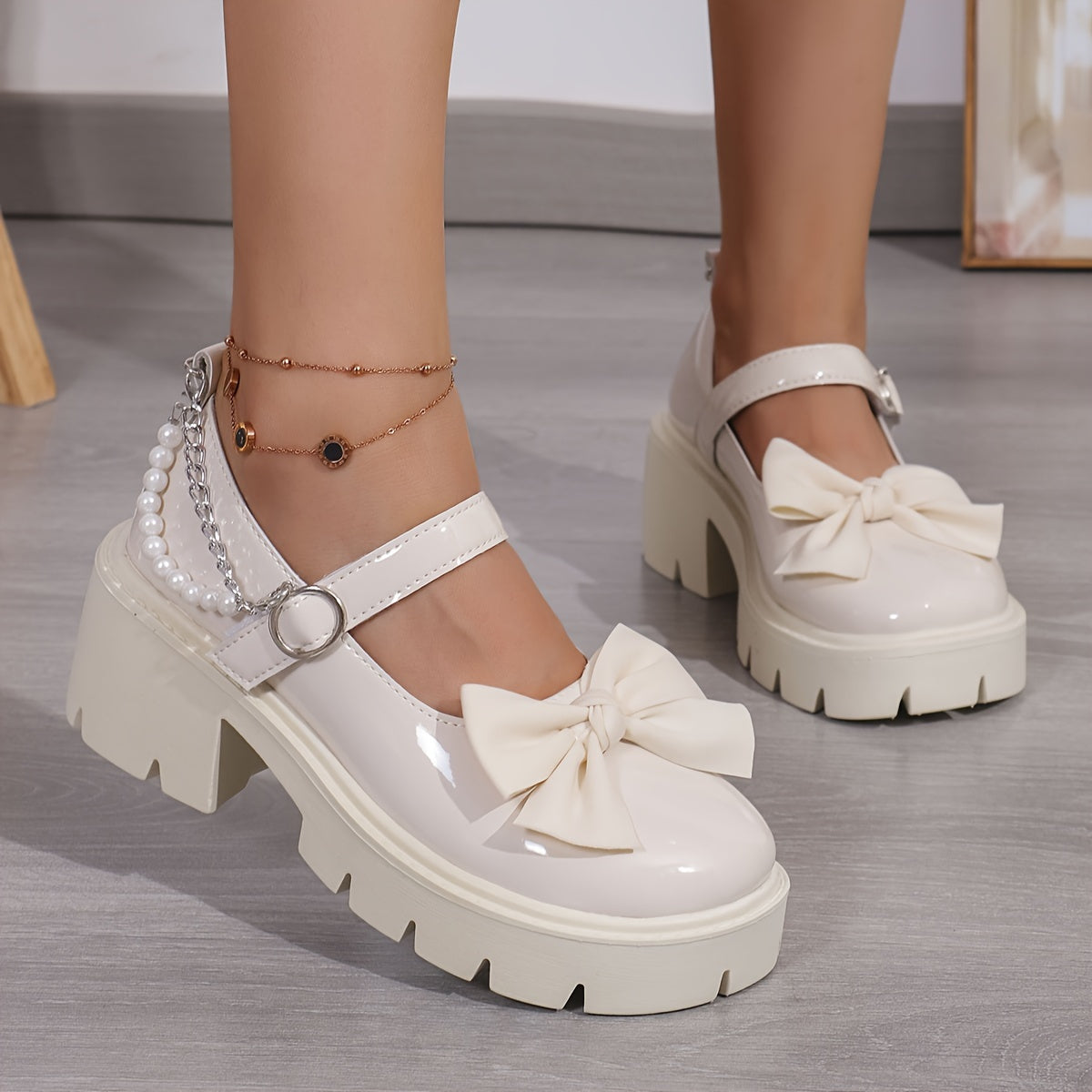 Women’s Pearl-Embellished Patent Penny Loafers – Chunky Round Toe Slip-On Shoes with Glitter Detail & PVC Sole, Mesh Lined, All-Season Fashion Footwear
