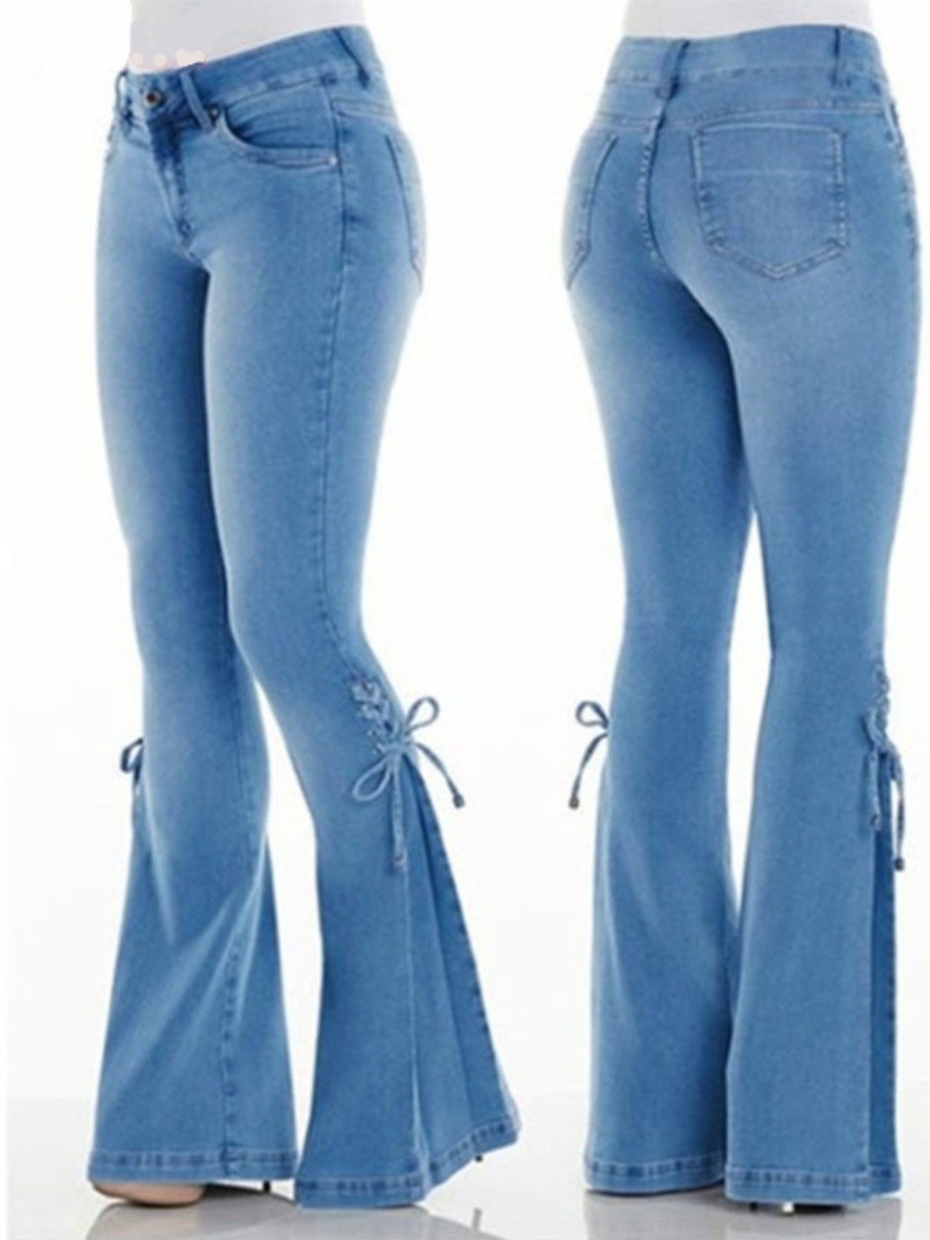 Women's High Waist Tie-Up Flared Jeans - Slim Fit, Casual Streetwear Denim with Bell Bottoms and Stretch Fabric, Machine Washable