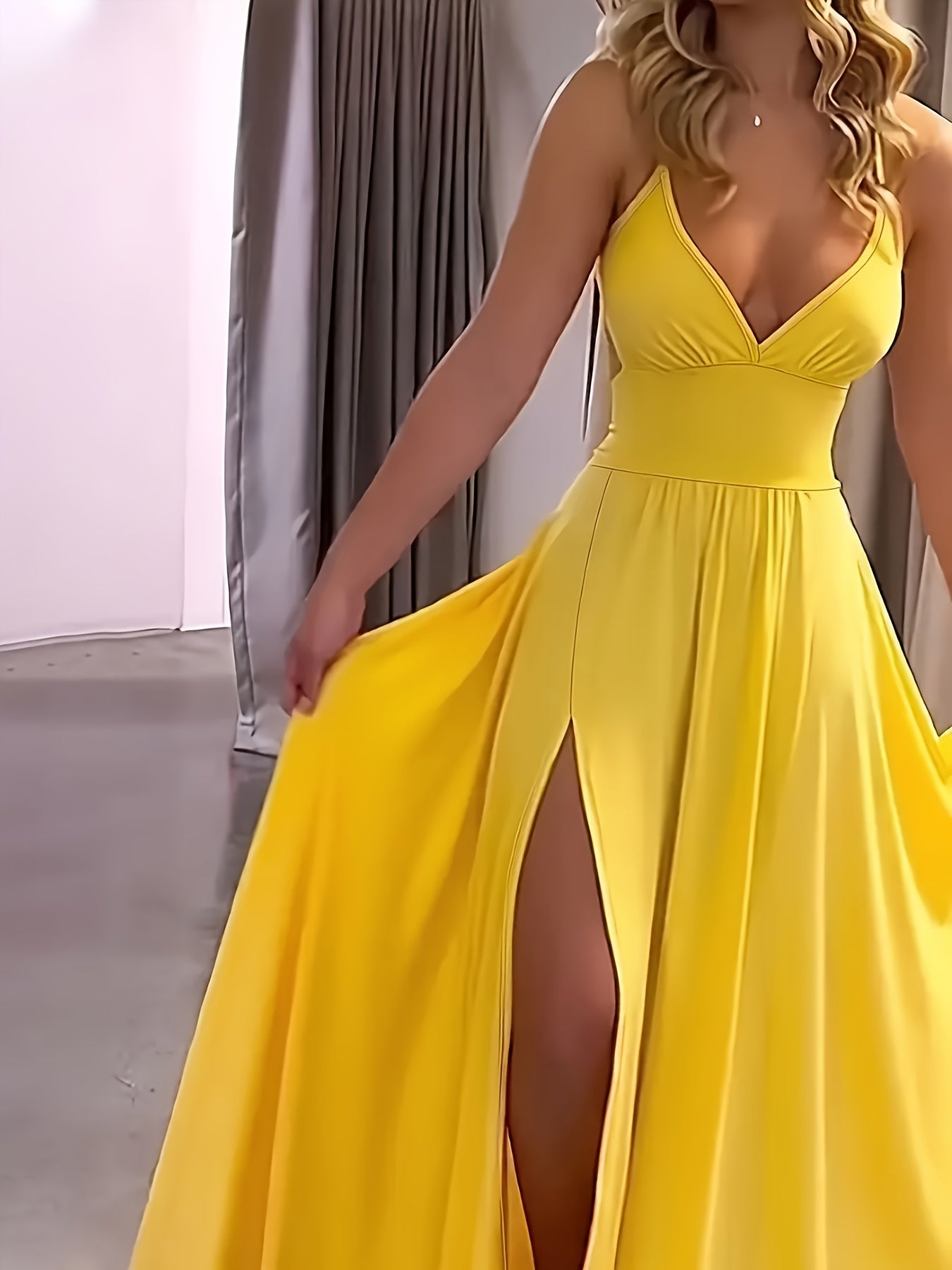 [Sensual Maxi Dress] Bright Yellow Polyester Women's Sexy Lace-Up Backless V-Neck Sleeveless Maxi Dress | with High-Low Hemline, Spring/Summer Elegant Party & Banquet Wear
