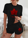 Women'S Casual Polyester Two-Piece Set with Canadian Maple Leaf Print, Crew Neck Short Sleeve Tee and Shorts, Knit Fabric, All-Season Wear