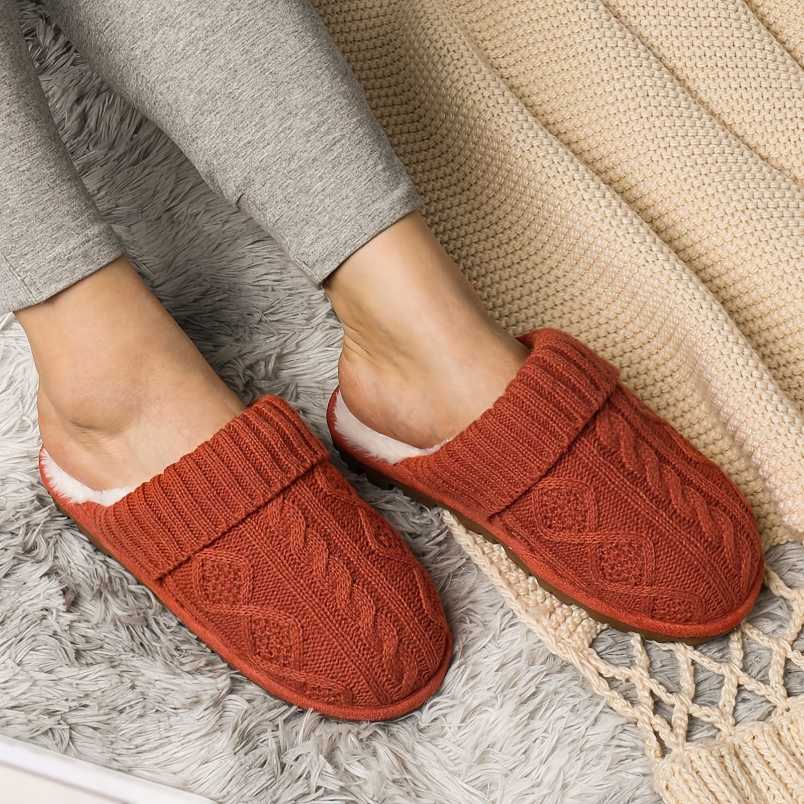 Cozy Women's Plush Lined Slippers with, Non-Slip Sole, Soft Ribbed Cuff – Beige/Light Brown, Perfect Christmas Gift for Friends and Girlfriends, House Slippers, Best for Christmas