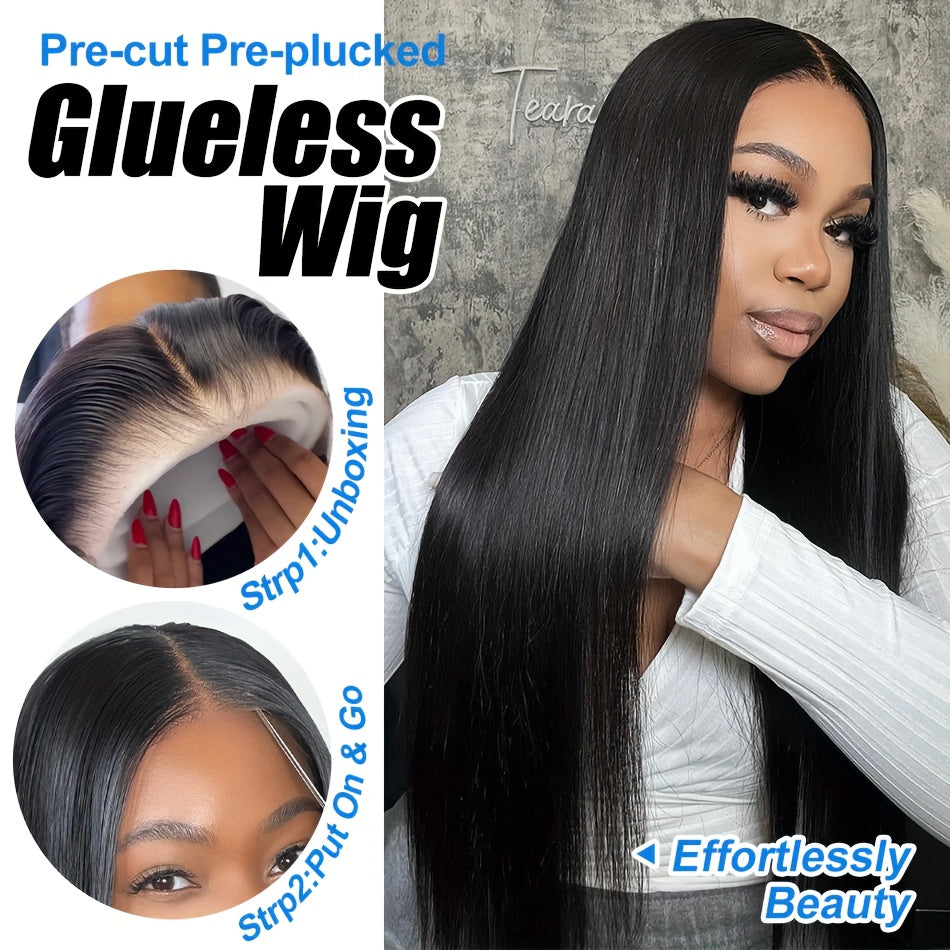 Luxurious 250% Density Straight Human Hair Wig - 5x5 HD Transparent Lace Front, Pre-Plucked & Pre-Cut With Glueless Closure, Easy To Wear & Style, Pre-Bleached Knots, 3 Seconds To Wear