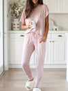 Women's Casual Solid Lounge Set: Short Sleeve Crew Neck Top & Joggers with Pockets