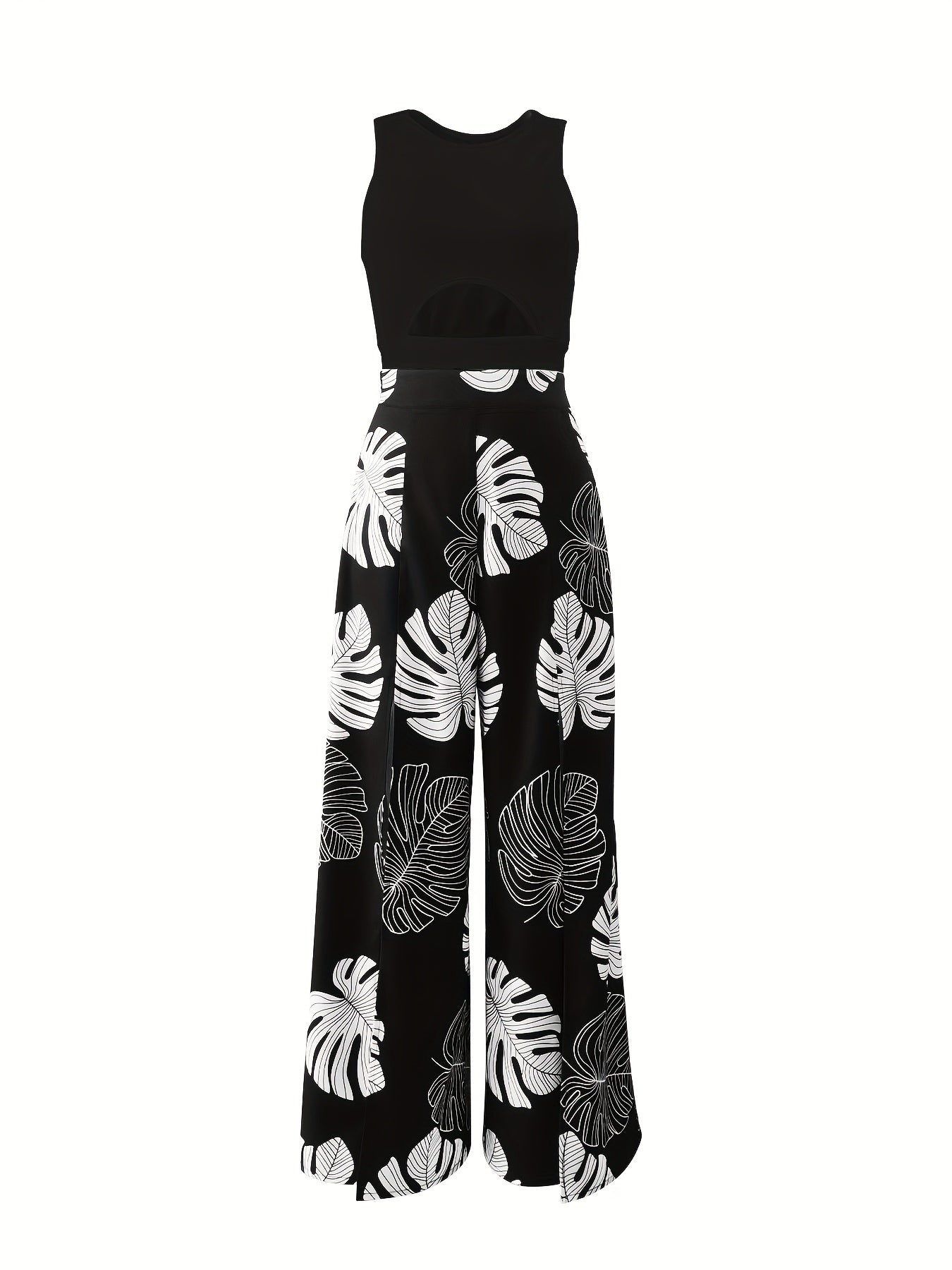 Tropical Two-Piece Set - Elegant Vest-Style Crop Top with Cut-Out Detail & High-Waisted Split Thigh Pants for Spring & Summer - Polyester Micro Elasticity Knit Fabric, Random Print, All Seasons Wear