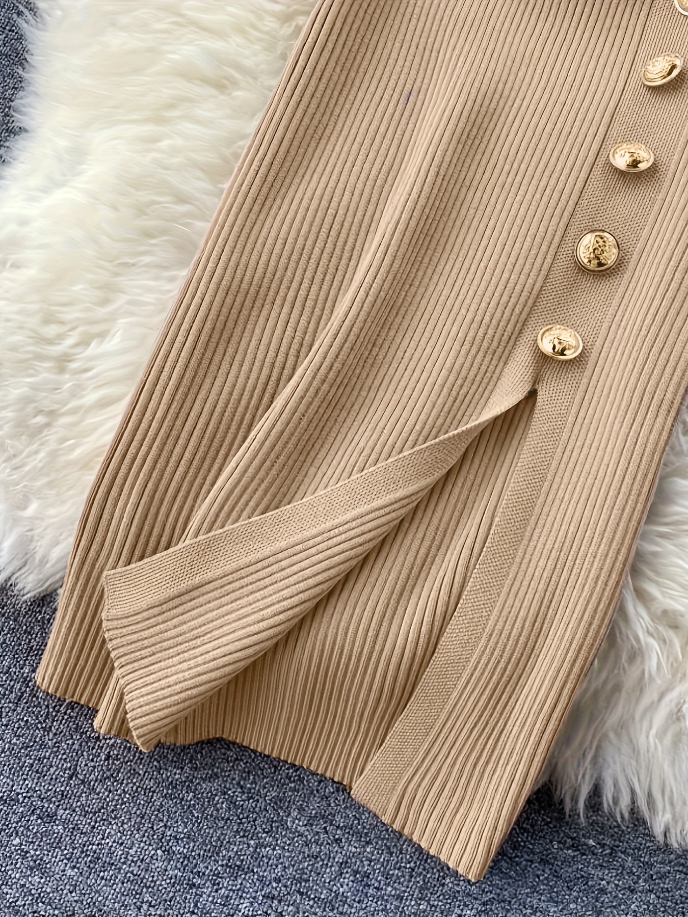 Sophisticated Gatherings] Elegant Beige Ribbed Knit Midi Dress with Side Slit and Button Detail - Short Sleeve, Round Neck, Stretchy Viscose Blend, Perfect for Sophisticated Evenings, Elegant Event Dress|Midi Length Dress|Lux