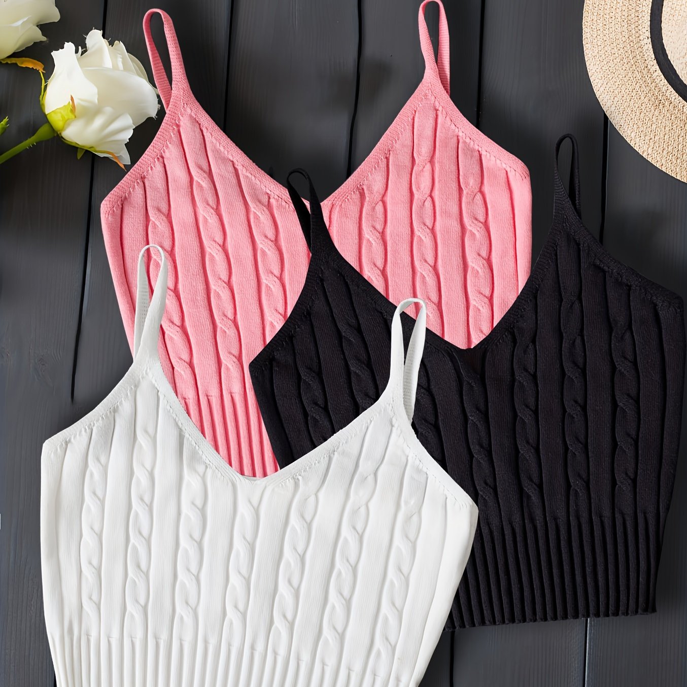 3-Pack Valentines Day Cable Knit Cami Tops - Soft V-Neck, Sleeveless Slim Crop, Adjustable Straps, Versatile Layering Essential - Womens Clothing, Celebrate Love in Style