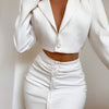 Lapel Collar Crop Blazer Button Up Ruched Skirt Set