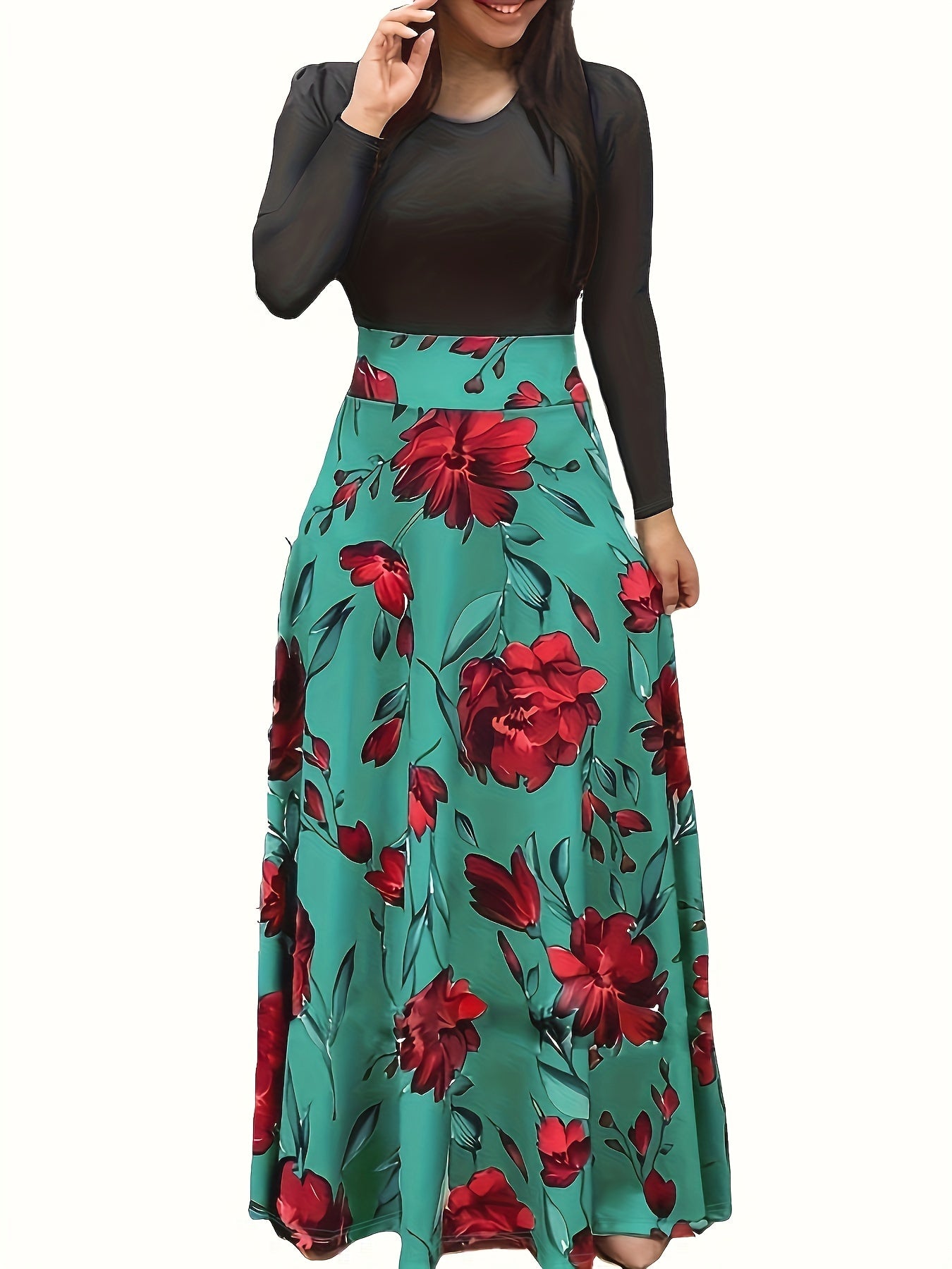 Stunning Floral Print Maxi Dress - Women's Elegant Long Sleeve Crew Neck Splicing Dress for Spring & Fall - Perfect for Various Occasions