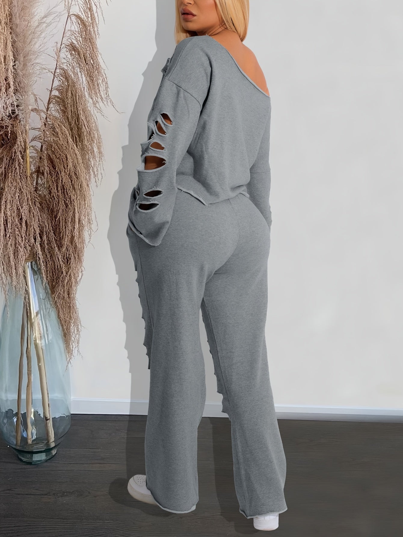 Casual Solid Cut Out Two-piece Set, Long Sleeve Asymmetric Top & Long Pants Outfits, Women's Clothing