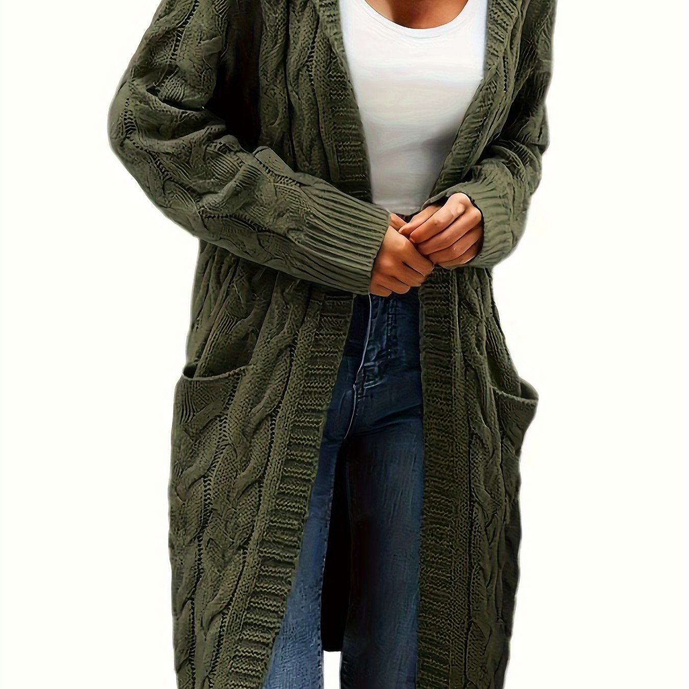 [Open Front] Women's Casual Cardigan - Black Cable Knit, Long Sleeve, Open Front with Pockets - Relaxed Fit for Fall/Winter