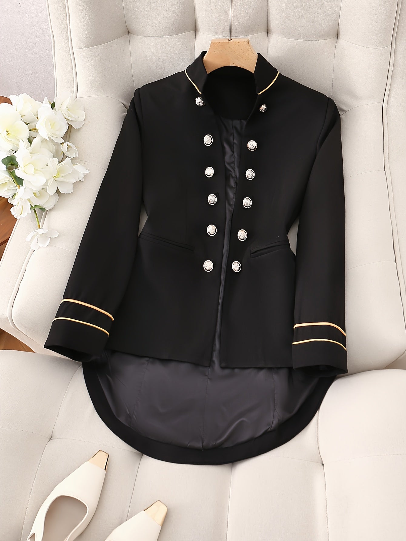 Elegant Black Double-Breasted Blazer with Golden Buttons - Stylish Ruffled White Collar, Long Sleeves, Polyester Fabric, Perfect for Spring/Fall, Formal Attire|Classic Blazer|Polyester Blazer