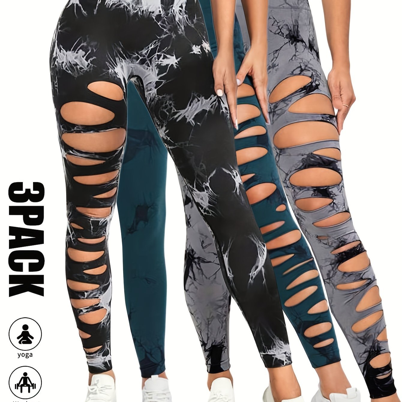 [3 Pack High Waist Yoga Leggings] 3 Pack Women's Tie Dye Cutout Tights High Waist Workout Yoga Leggings, Scrunch Butt Lifting Elastic Pants, Womens High Waist Yoga Pants Cutout Ripped Tummy Control Workout Running Yoga Skinny
