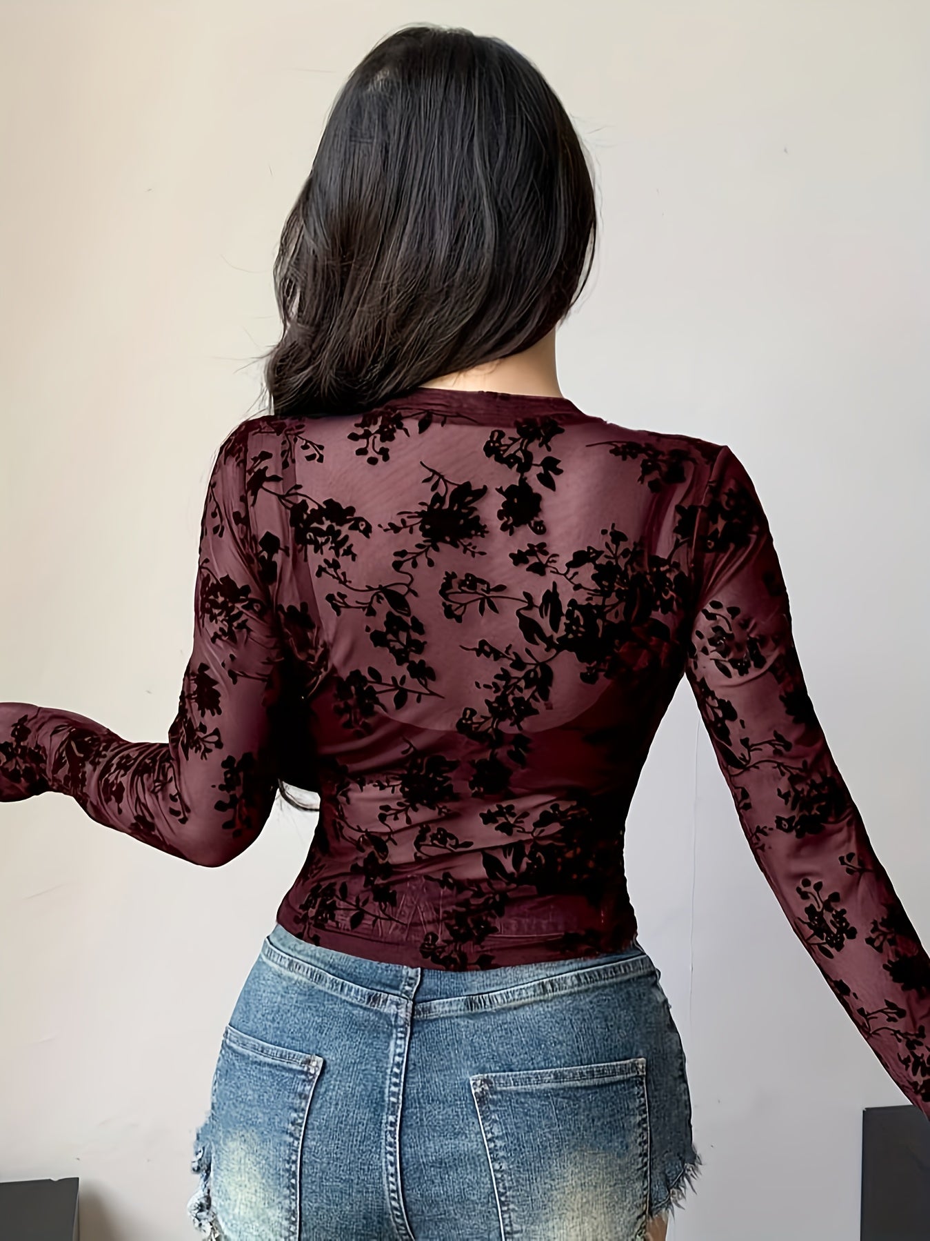 Floral Print Short Sleeve Crop T-shirt, Sexy Semi-sheer Solid Color Crew Neck Top For Spring & Summer, Women's Clothing