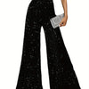 Women's High-Waisted Wide-Leg Velvet Pants with Sequin Details - Casual Loose-Fit Trousers, Black with White Sequins, Elastic Waistband, Machine Washable, Perfect for All Seasons, Party Attire | Elegant Casualwear | Velvet Se