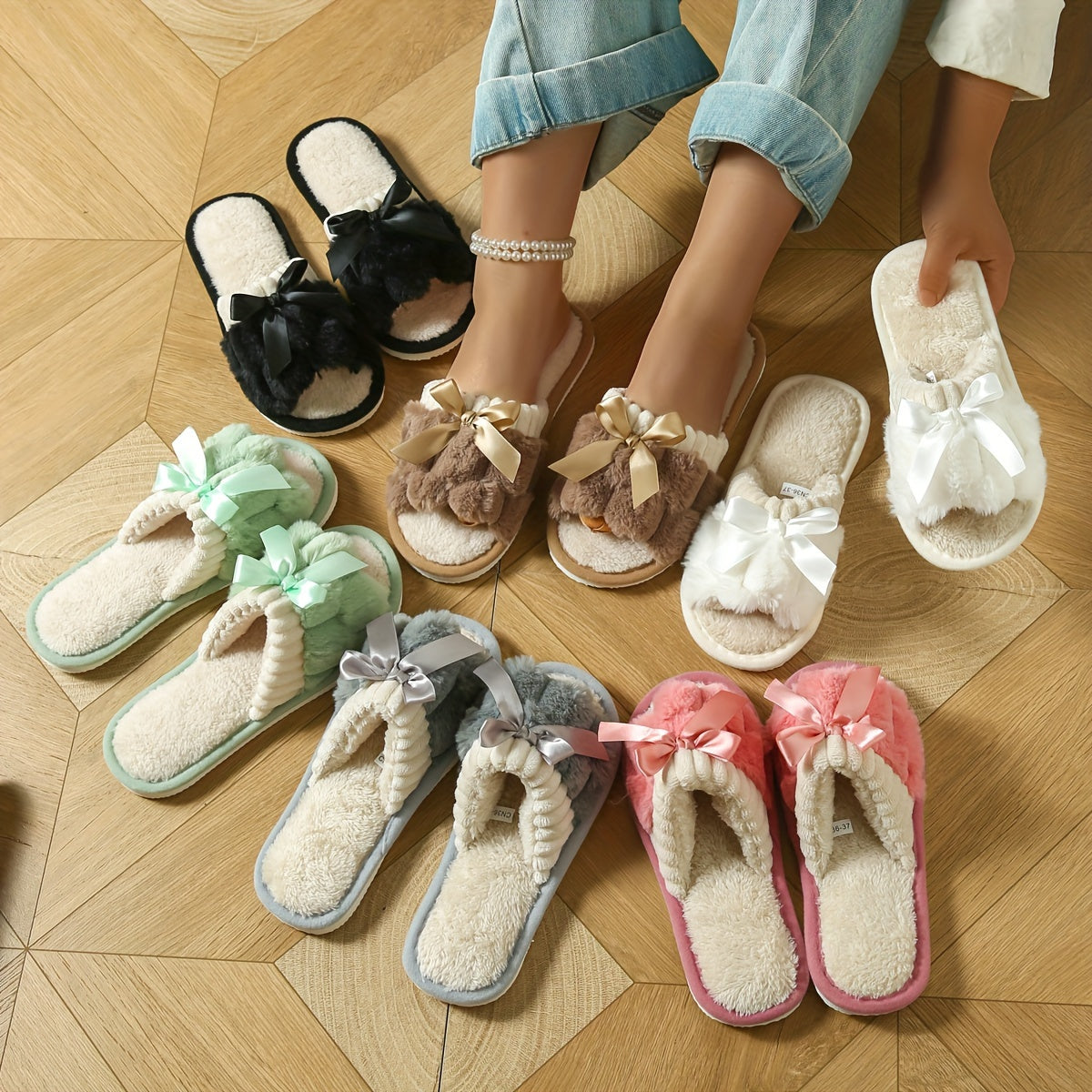 Colorblock Fuzzy Home Slippers – Soft Bowknot Decor, Non-Slip Lightweight Plush Winter Shoes