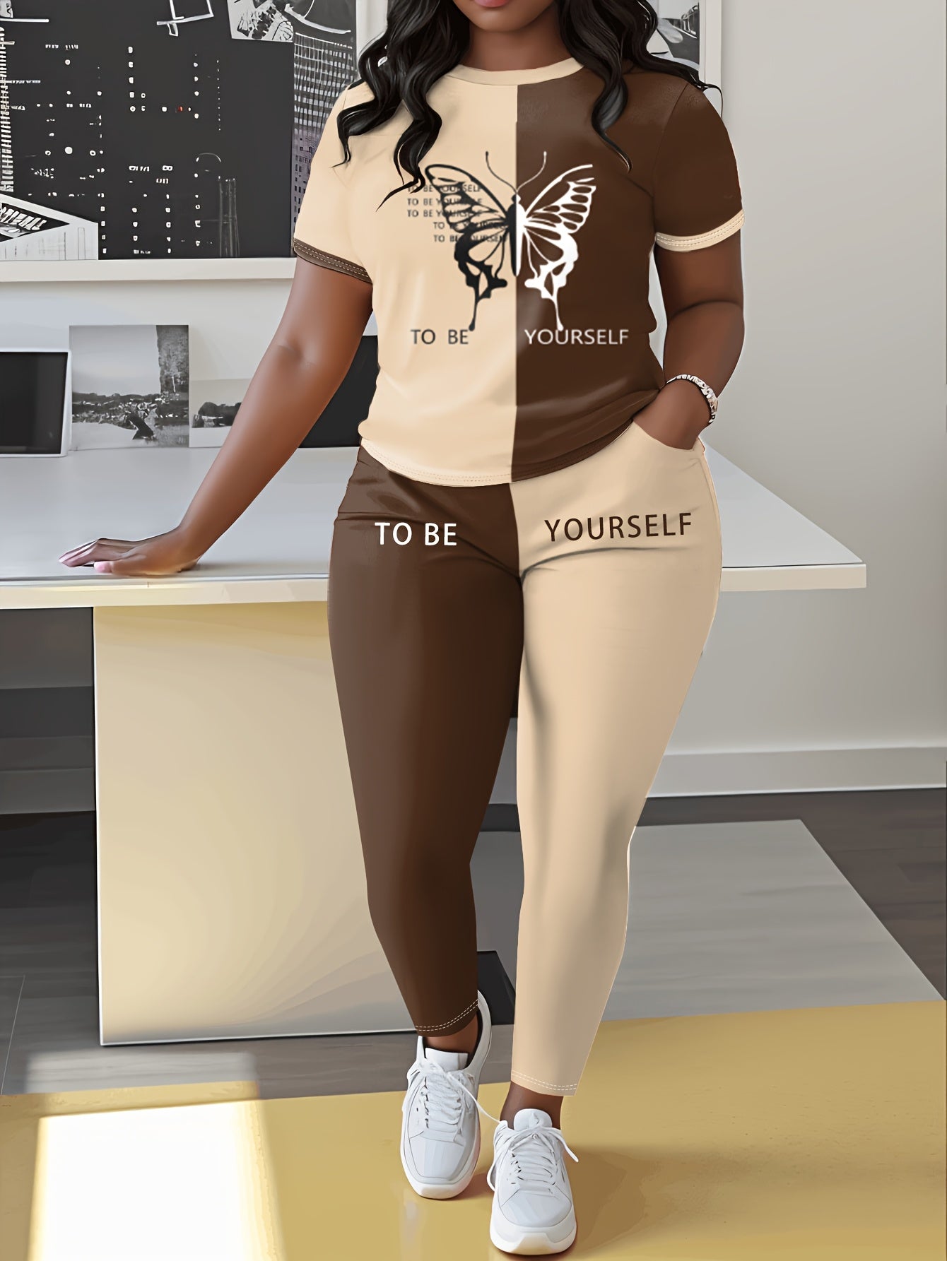 Empower Your Style: Plus Size Vibrant Color Block & Butterfly Print Outfit - Comfy Short Sleeve Tee with Pocket Skinny Pants Set for Women
