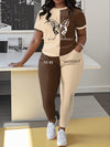 Empower Your Style: Plus Size Vibrant Color Block & Butterfly Print Outfit - Comfy Short Sleeve Tee with Pocket Skinny Pants Set for Women