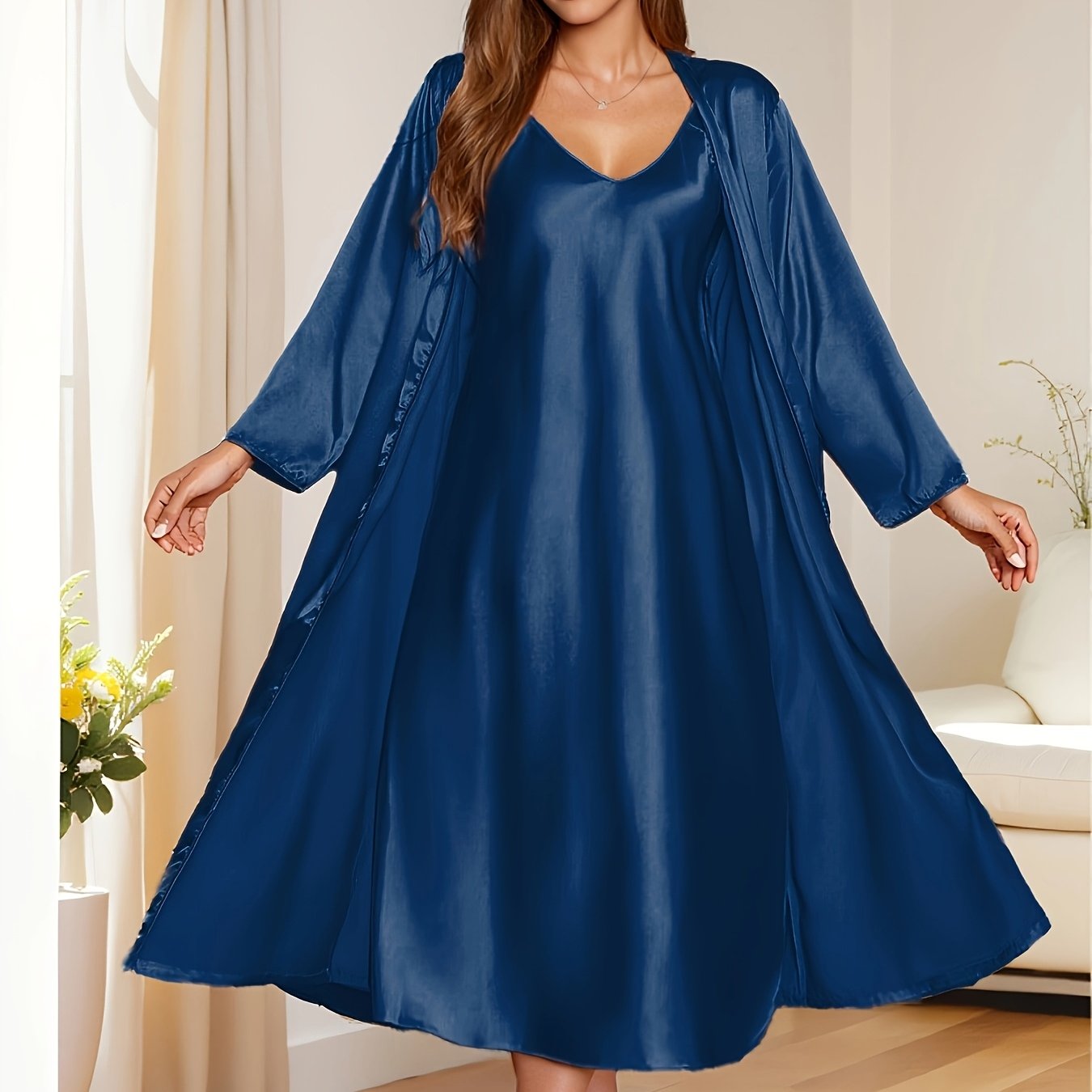 2pcs Women's Elegant V-Neck Satin Pajama Set - Smooth Polyester Fabric, 90g/m², Micro Elasticity - Autumn & Winter Comfortable Home Leisure Wear | Soft & Comfortable | Lace Up Detail