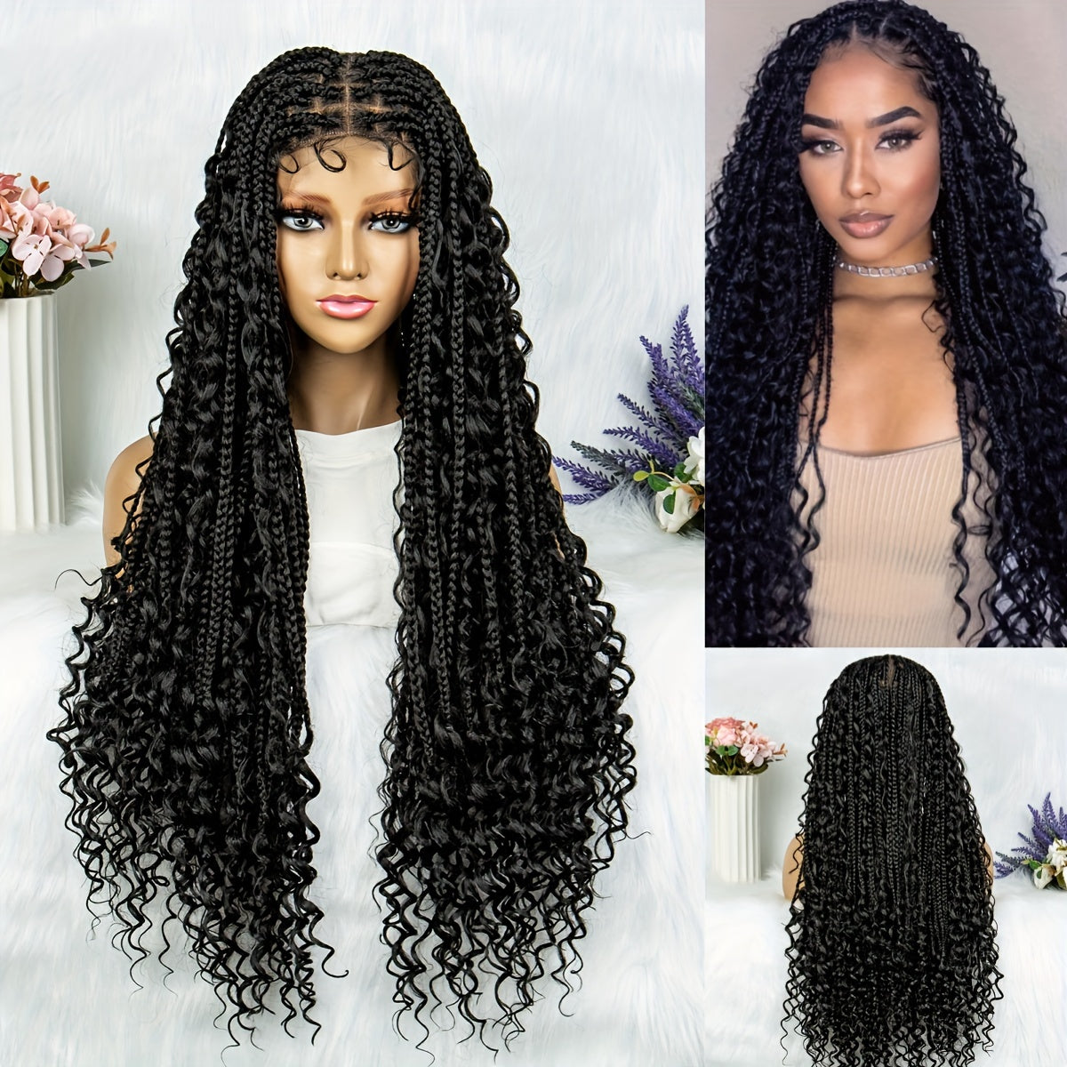 Boho Knotless Braided Wigs for & Men - Double Full Lace Synthetic Hair with Hair, 200% Density Curly Wave, Heat Resistant & Breathable, Unisex Bohemian Box Braids for Everyday & Special Occasions