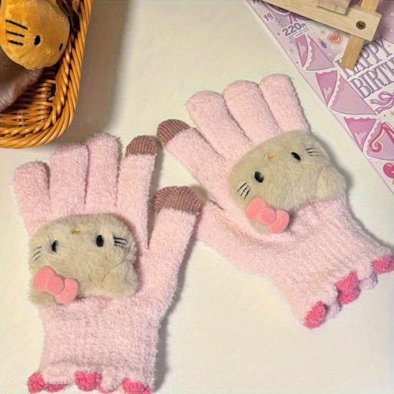 1 Pair Sanrio for hello kitty Y2K Cycling Warm Gloves, Touchscreen Compatible, Women'S Autumn/Winter Aesthetic Mittens, Fashion Accessory Gift Idea, Outdoor Sports Gloves|Sanrio Characters Gloves|Cozy Knit Texture
