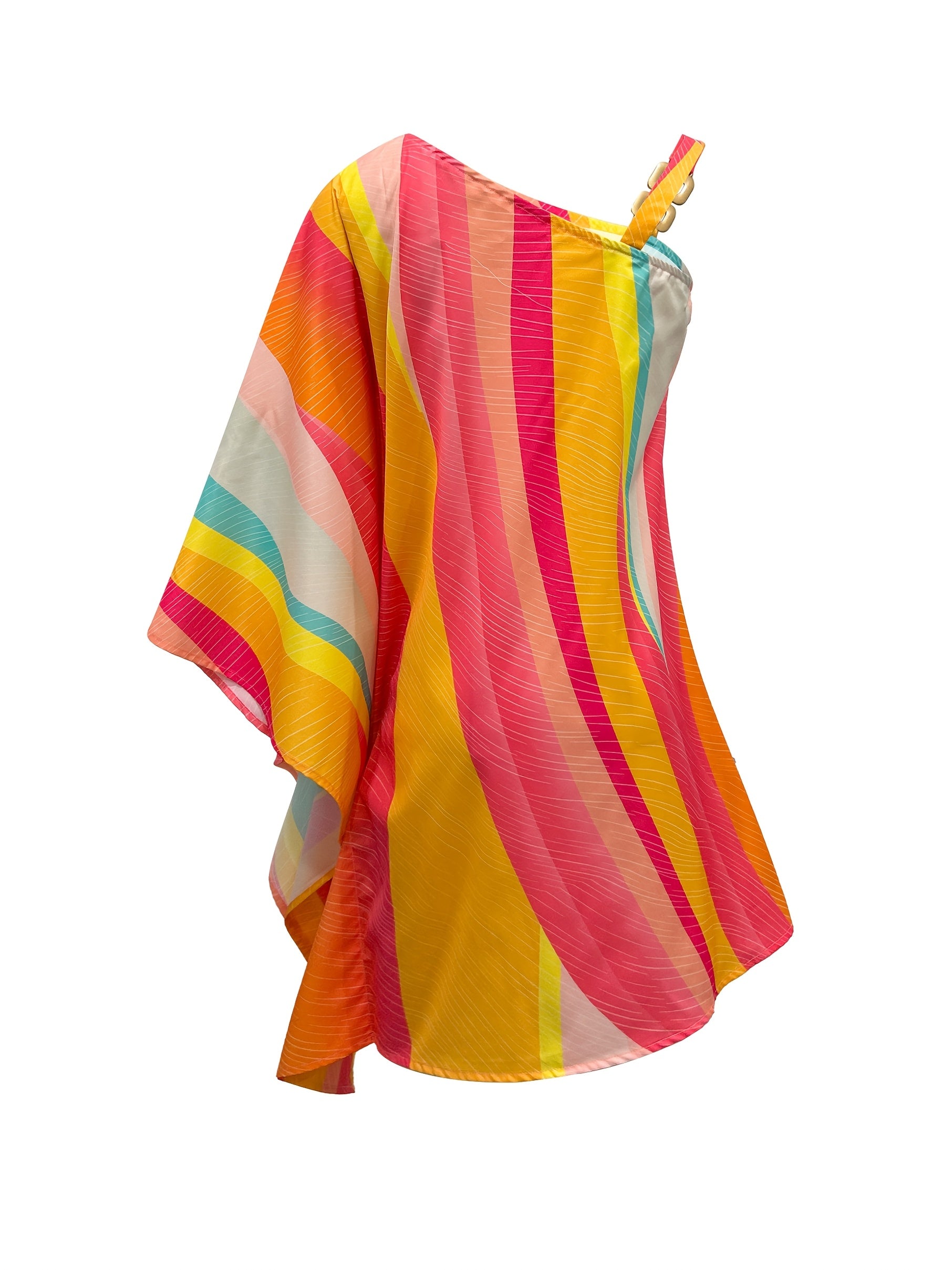 Women's Elegant Multicolor Print Dress - One-Shoulder with Golden Chain Detail, Polyester Blend, Machine Washable, Perfect for Spring/Summer Fashion Events