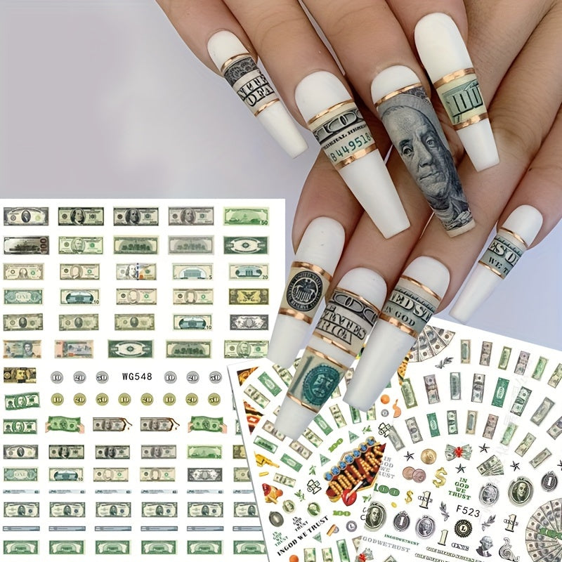 3D Money Dollar Sign Nail Art Stickers, Self-Adhesive Paper Decals, Casual Style, No Effect, for DIY Acrylic Nails, Manicure & Pedicure Decor