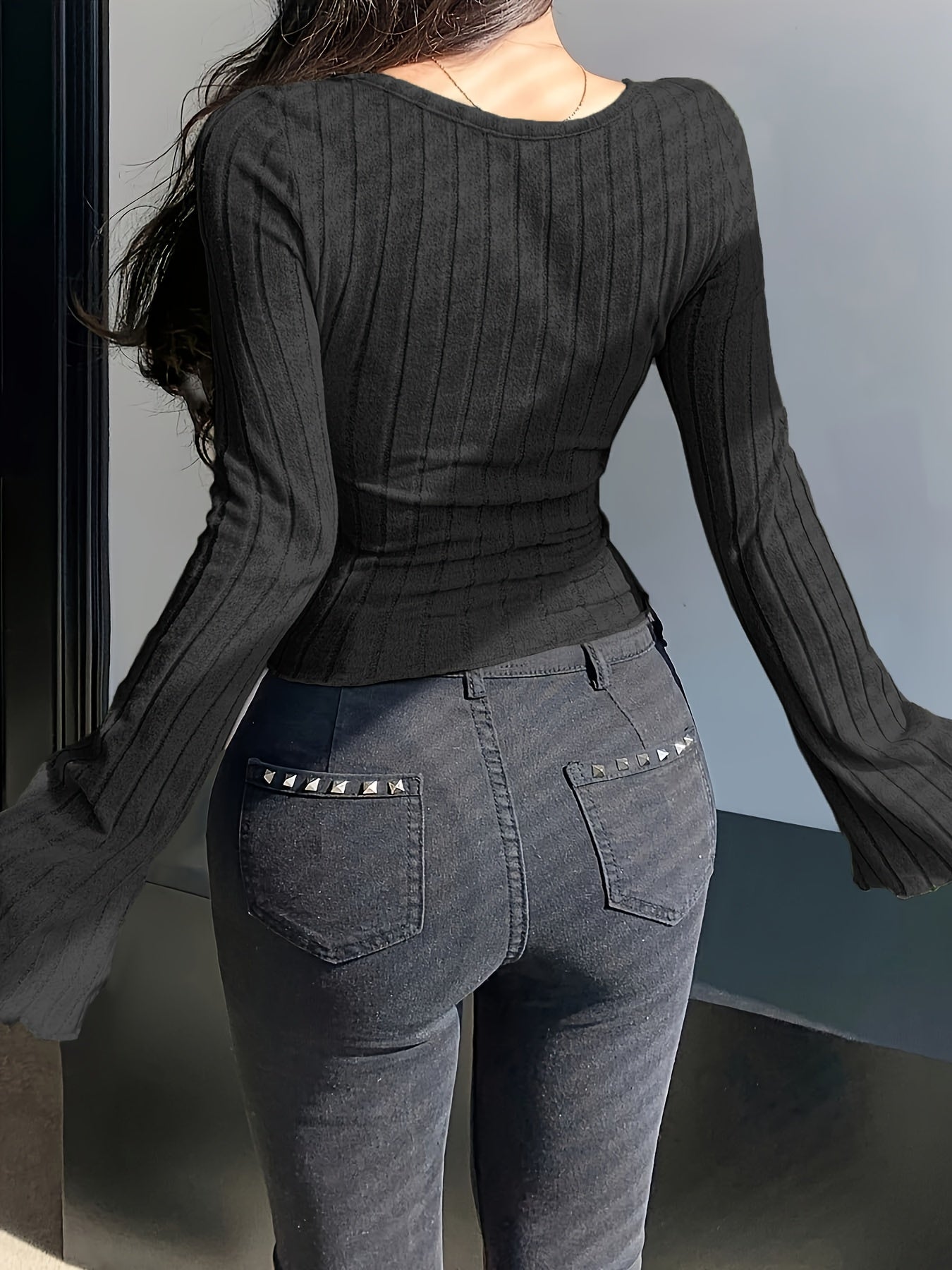 Crisscross Scoop Neck Skinny Top, Casual Solid Color Long Sleeve Ribbed Top For Spring & Fall, Women's Clothing