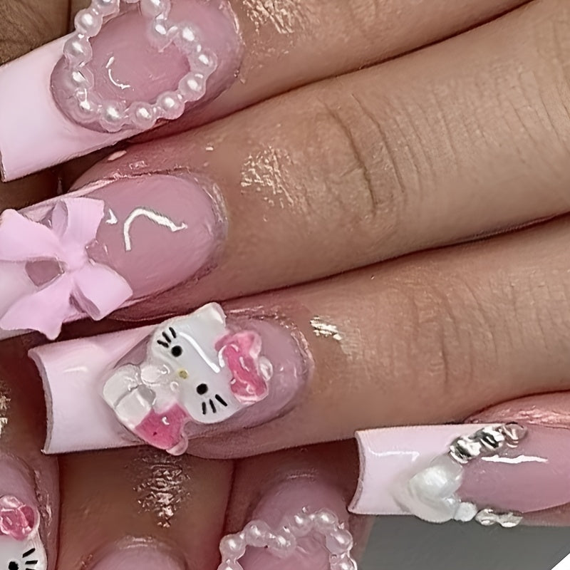 Glamorize Yourself with 24pcs Long Square Water Pipe Nails Cute 3D Hello Kitty Love Streamer Bow White French Full Cover False Nail Stickers Set, Gift for Women and Girls