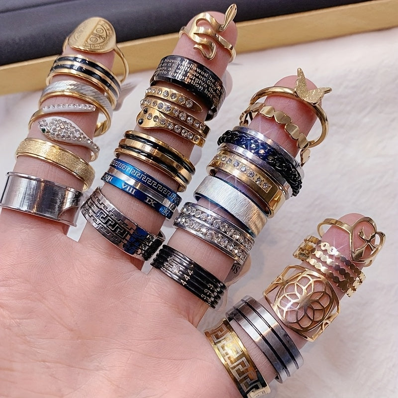 30pcs Punk-Inspired Stainless Steel Rings with Cubic Zirconia - Mixed Style, Sleek & Minimalist for Men & Women, Ideal for Daily Wear, Parties, and Gifts, Randomly Selected, Everyday Rings|Punkinspired Rings|Durable Rings