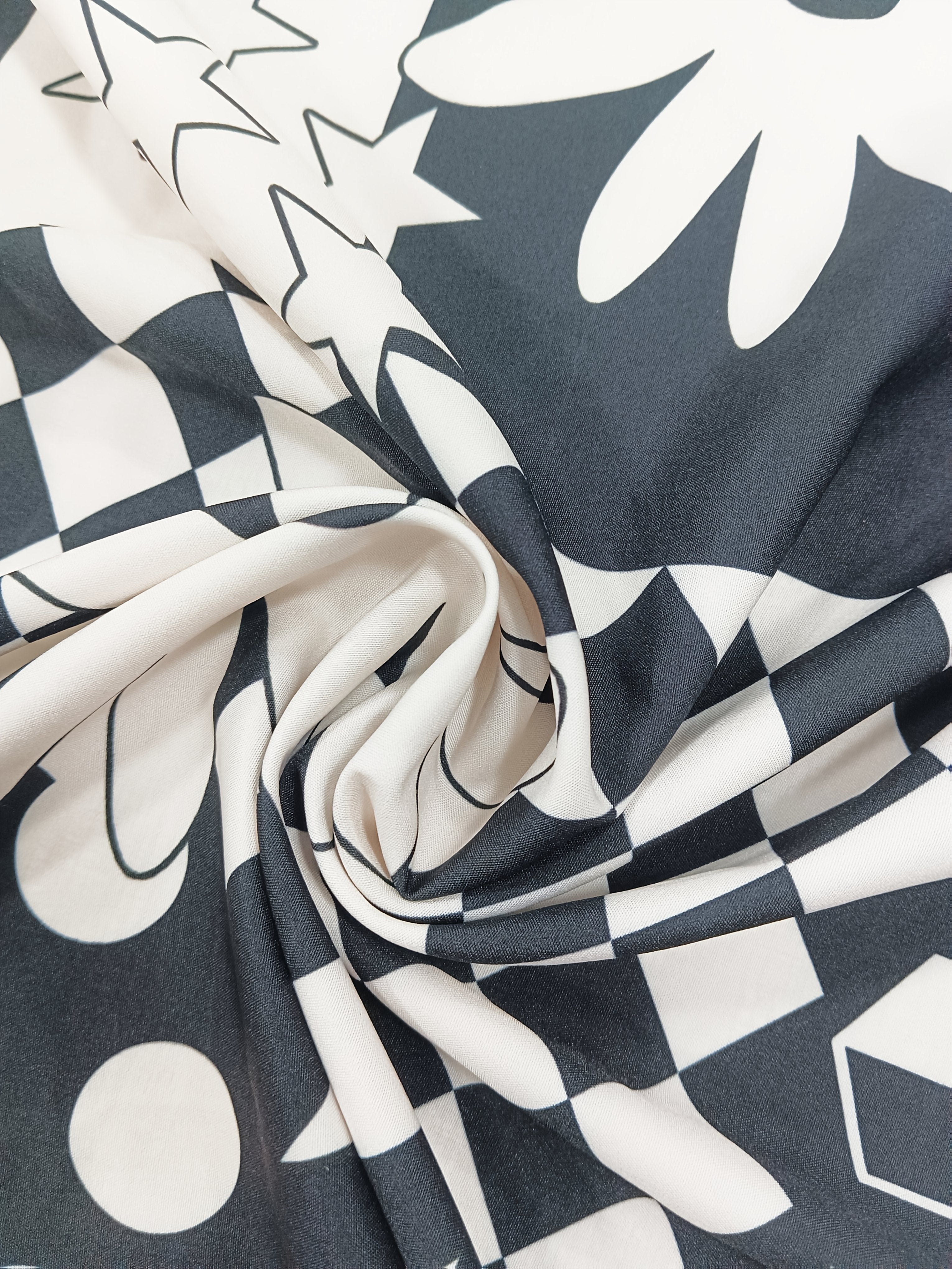 Women's Elegant Geometric Print Lantern Sleeve Square Neck Mini Dress - Black & White Polyester A-Line Dress, Machine Washable, All-Season Chic Outfit, Stylish Daywear | Square Neckline Dress | Sleek Finish Dress