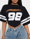 WLWXR Y2K Streetwear Solid Color Slim Fit 2 Two-Piece Sets - O-Neck Short Sleeve Top with Letter Print & Tube Top for Women, Black with White Numbers Design, Polyester Blend, Perfect for Casual Outfits