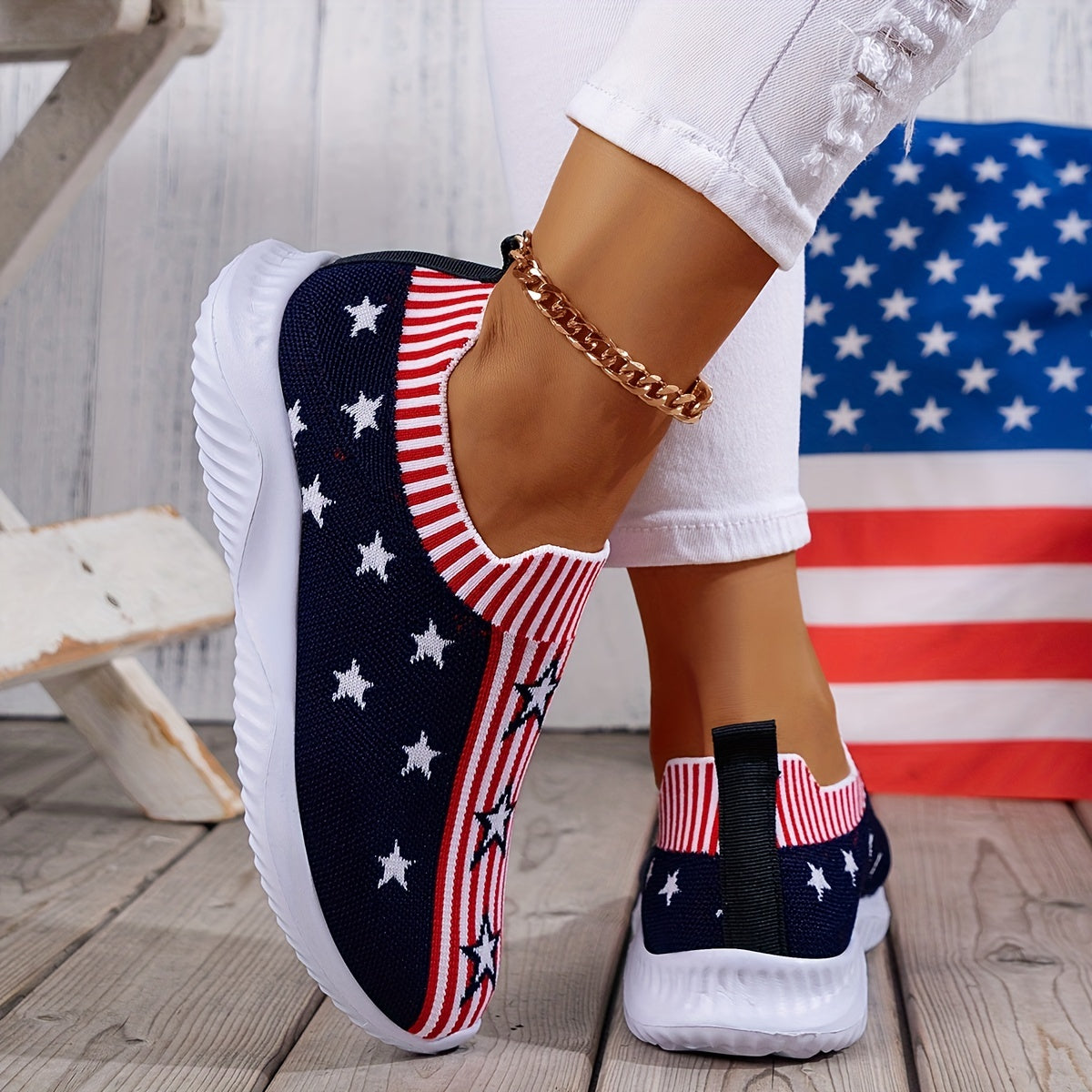 Star & Stripe Breathable Walking Sneakers - Women's All-Season Fashion Shoes, Soft Sole & Lightweight for Independence Day