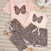 Women's Leopard Butterfly Print Casual Pajama Set, Short Sleeve Round Neck Top & Crop Cami Top & Pants & Shorts, Comfortable Relaxed Fit