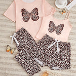 Women's Leopard Butterfly Print Casual Pajama Set, Short Sleeve Round Neck Top & Crop Cami Top & Pants & Shorts, Comfortable Relaxed Fit