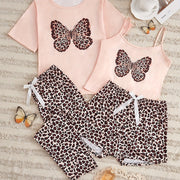 Women's Leopard Butterfly Print Casual Pajama Set, Short Sleeve Round Neck Top & Crop Cami Top & Pants & Shorts, Comfortable Relaxed Fit