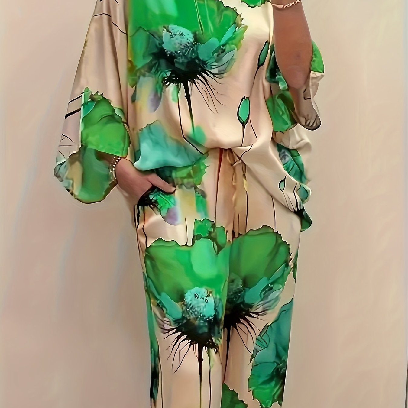 Women's Elegant Floral Print Satin Two-Piece Set: Round Neck Top and Wide Leg Pants