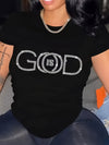 Women's Plus Size "GOD" Letter Print T-Shirt, Casual Short Sleeve Crew Neck Top with Rhinestone Accents, Soft Fabric for Spring & Summer, Everyday Clothing | Crew Neck Tshirt | Knit Fabric