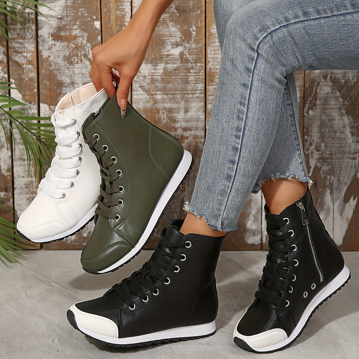 YMM980-99 White & Black Military Green High-Top Side Zipper Women'S Fashion Casual Versatile Inner Zipper Lace-Up Comfortable Breathable Sports Ankle Boots
