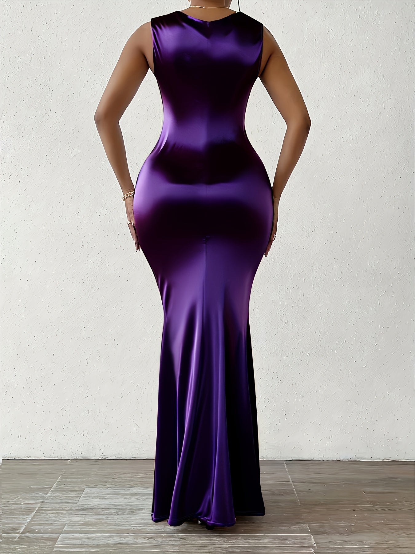 [Purple Bodycon Dress] Purple Elegant Bodycon Midi Dress | V-Neck, Ruched Side, Stretchy Polyester Blend, Perfect for Spring & Summer Events | Smooth Glossy Texture, Spring Fashion