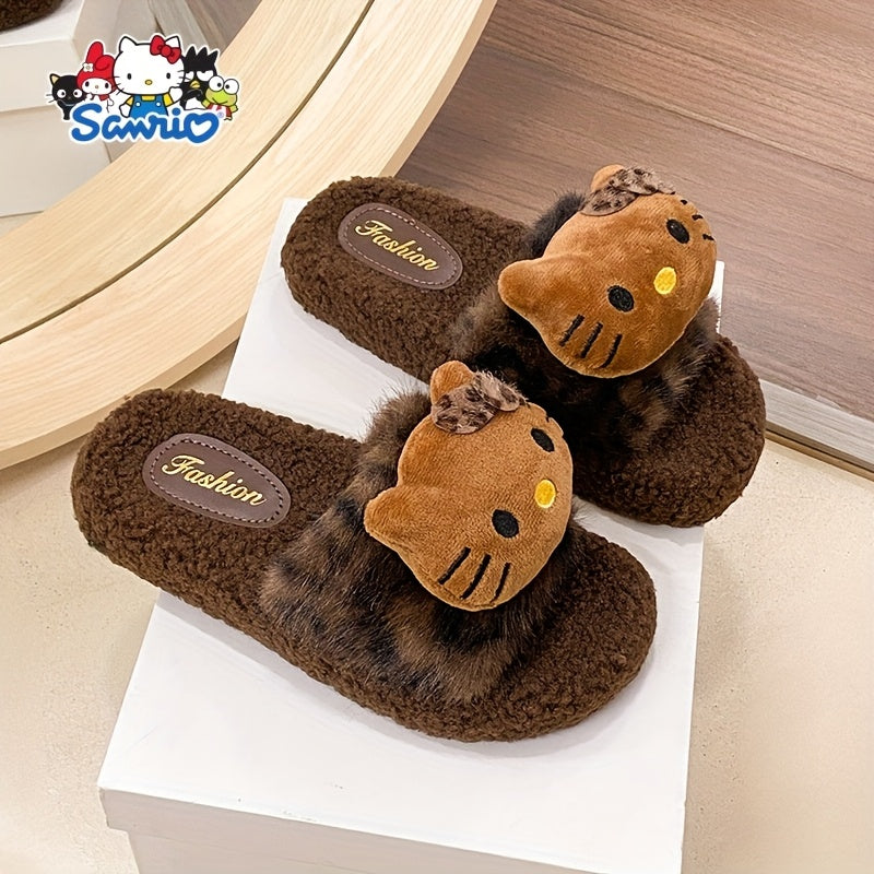 Cozy Hello Kitty Plush Leopard Print Slippers - Non-Slip Soft Sole, Lightweight & Washable, Perfect for Home & Camping, Cute Cartoon Design with Fluffy White Trim, Cozy Indoor Shoes | Playful Bedroom Shoes | PVC Sole Slippers