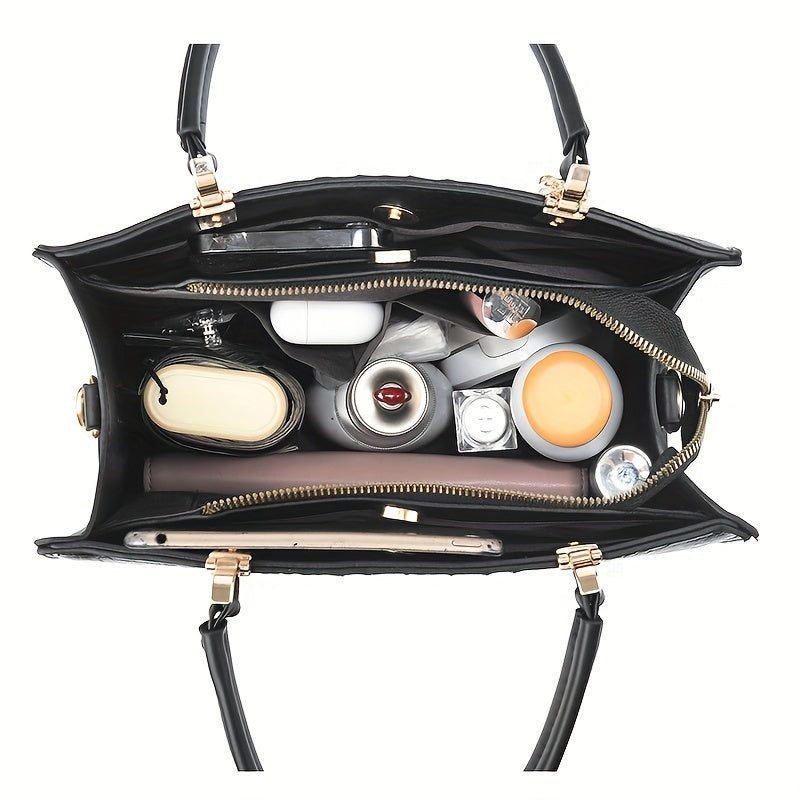 Women's Casual Large Capacity Handbag - Crocodile Pattern PU Purse with Removable Strap | Zipper Closure | Polyester Lining