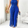 Elegant Women's One-Shoulder Blue Lace Jumpsuit with Floral Patterns and Sheath Skirt - Polyester/Spandex Blend, Machine Washable, Perfect for Formal Occasions, Elegant Event Clothing|Sleek Fitted Design|Intricate Lace Patter