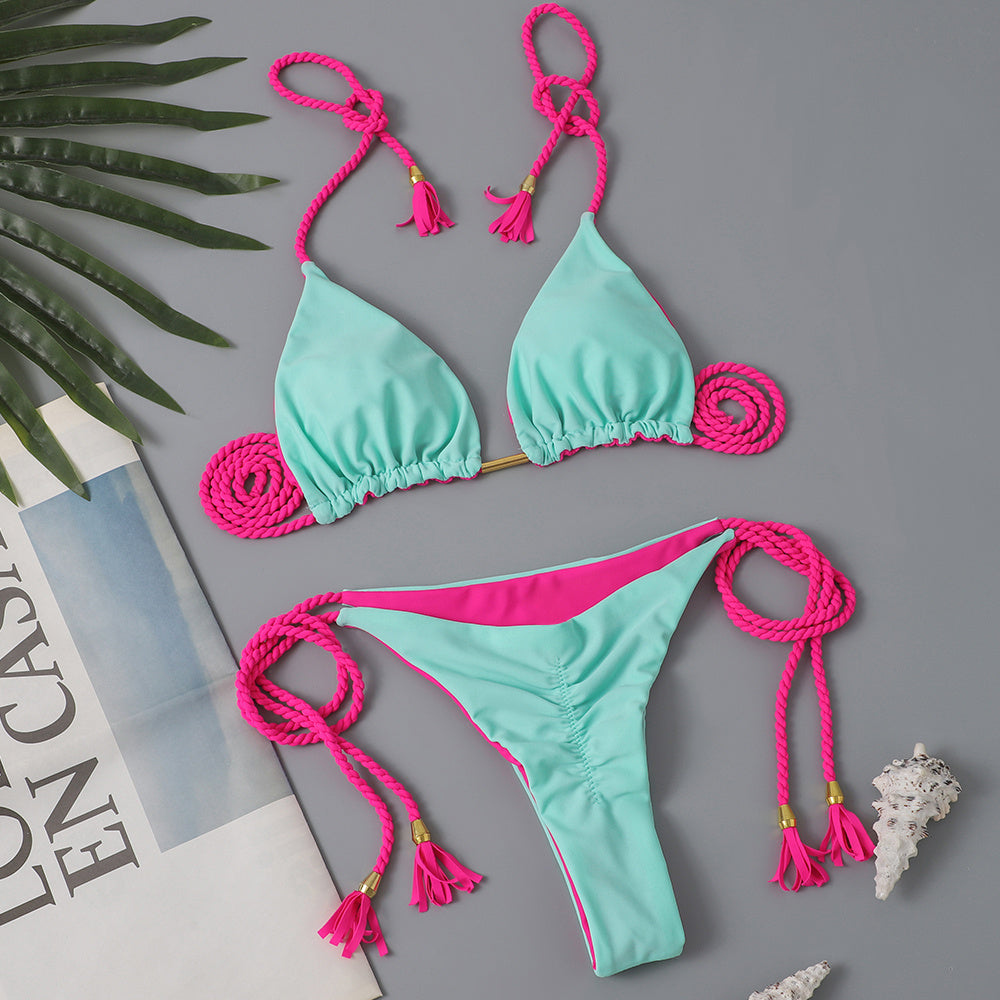 Triangle Halter Neck Bikini Sets, V Neck Tie Back Tie Side Backless High Cut Two Pieces Swimsuit, Women's Swimwear & Clothing Koningsdag/King's Day