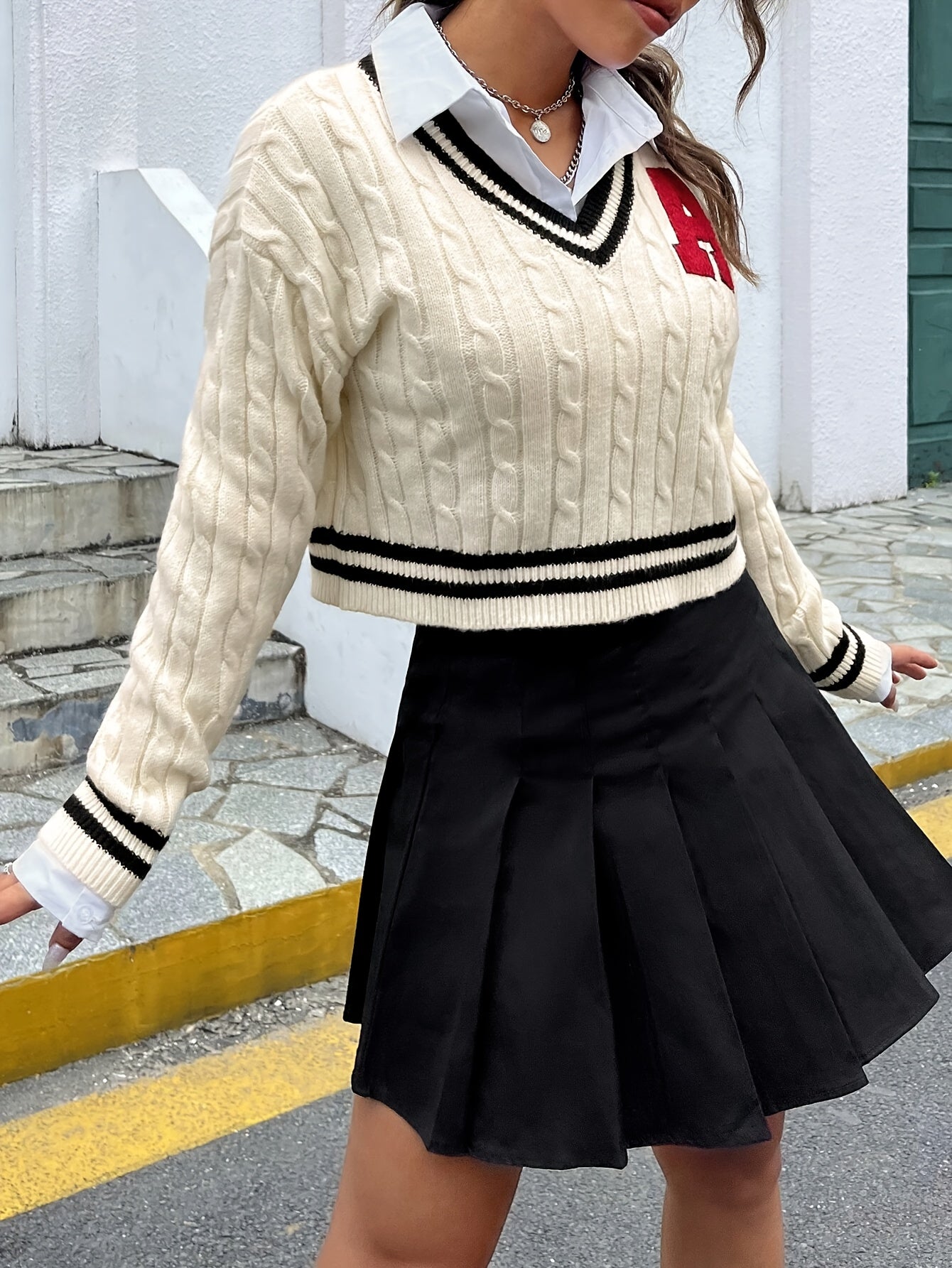 Cozy Long-Sleeve V-Neck Knit Sweater with Letter "A" - Cute Preppy Style, 100% Polyester, Machine Washable - Ideal for Fall/Winter Casual Wear