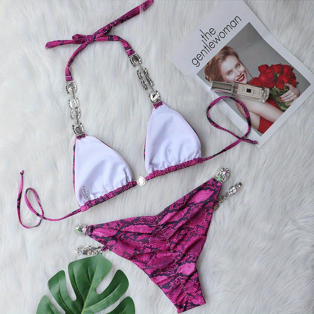2025New Bikini, Sexy Snake Print Crystal Diamond Women'S Split Swimsuit, Beach Swimsuit