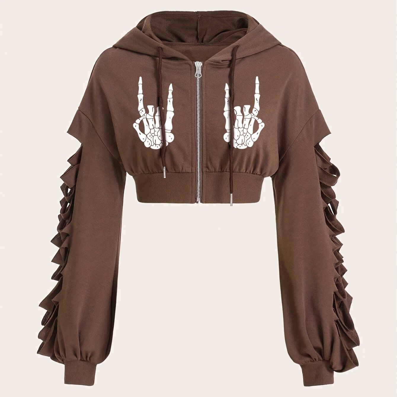 Machine Washable Polyester Print Halloween-Themed Hoodie for Women - Distressed Long Sleeve