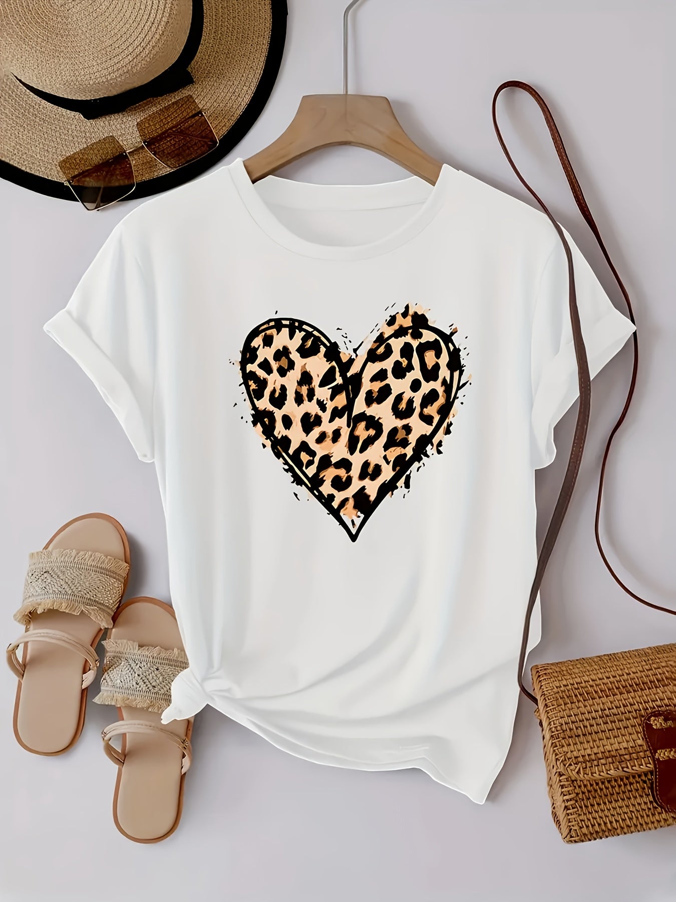 Women's Casual Leopard Print Bowknot T-Shirt - Short Sleeve, Round Neck, Soft & Comfortable Fabric, Perfect for Spring/Summer Fashion, Green Graphic Tee with Stylish Bow Design, Casual Wear | Playful Graphic Tee | Stylish Gra