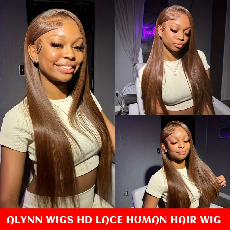 Spring 255% Straight Human Hair Full HD Lace T Part Straight Lace Frontal Wig Chocolate Brown Brazilian Hair #4 Dark Brown 13X6X1 Transparent Lace Front Wig Natural Hairline 13X6 T Part Wig with Baby Hair for Women Daily Wear