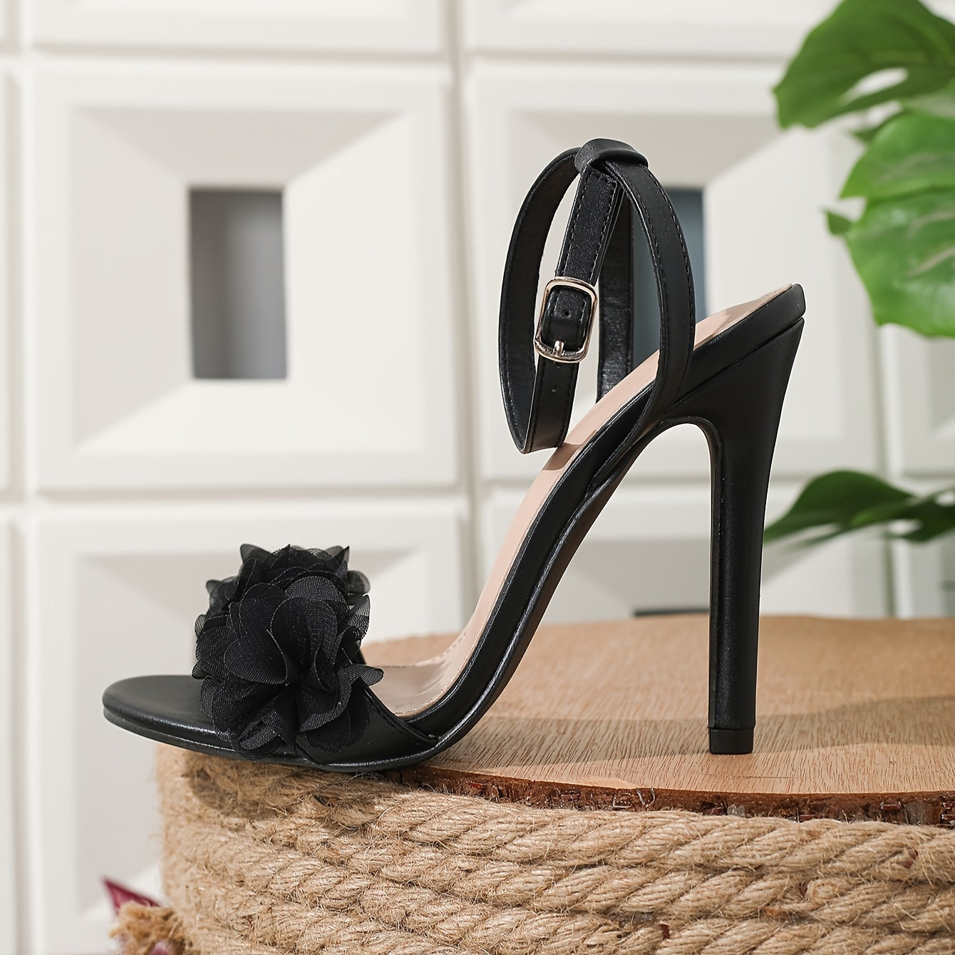 [Frenchinspired] Elegant Women's Floral High Heel Sandals, Open Toe Strappy Back Buckle Closure Stiletto Heels with Faux Cover Upper and Rubber Sole