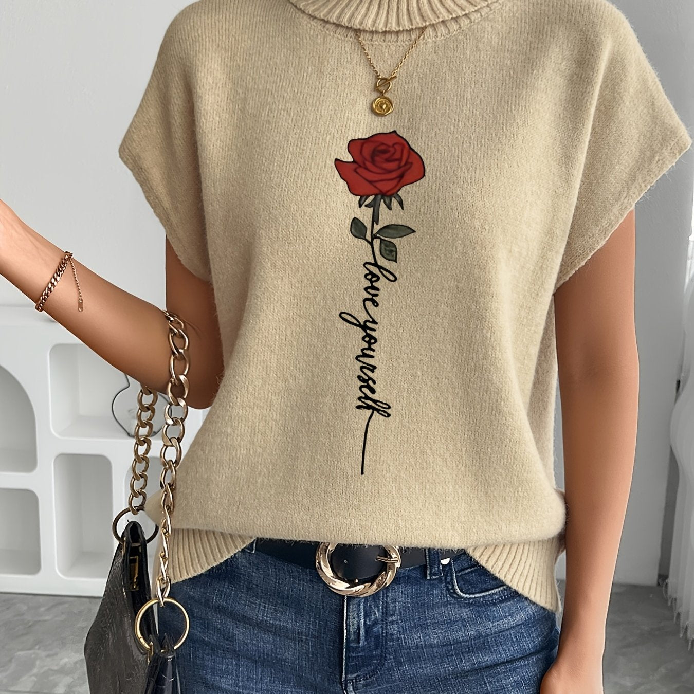 Women's Casual Rose Print Sleeveless Knit Vest - Elegant Beige Sweater with High Neckline and Stretchy Fabric, Perfect for Spring/Summer/Fall